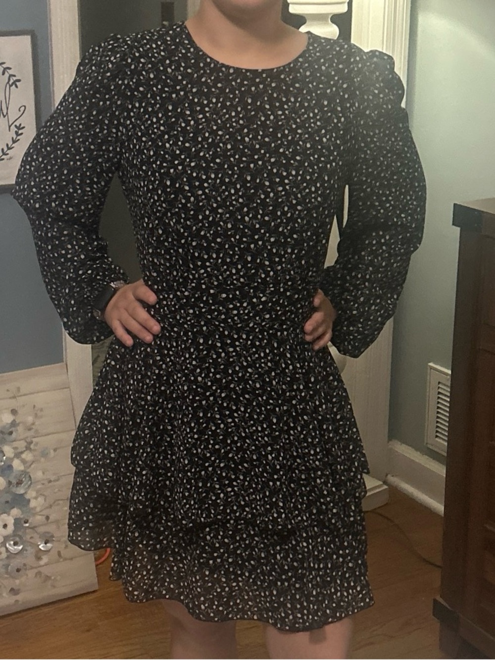 Forever 21 Black Floral Long Sleeve Ruffled Tier Dress